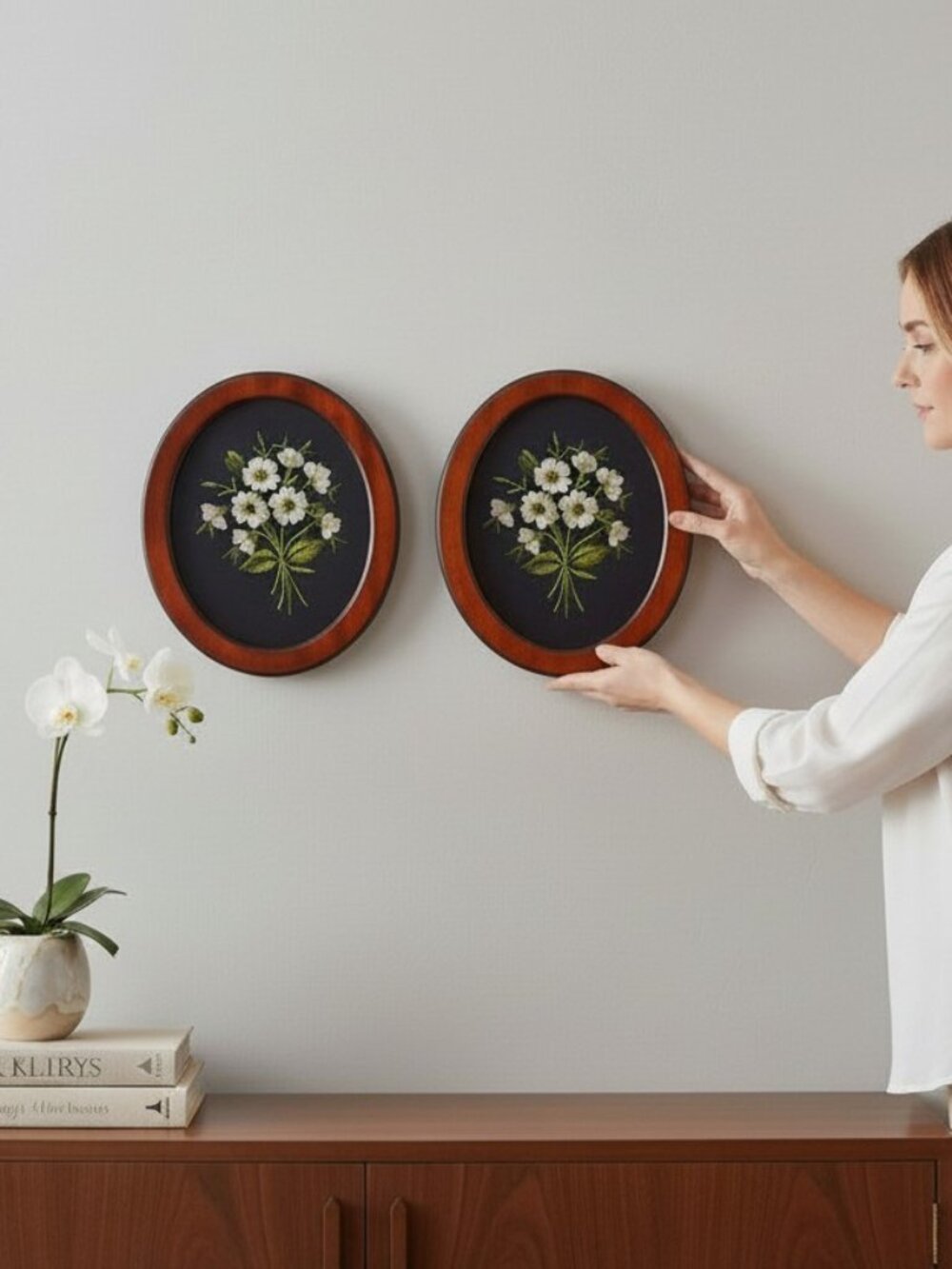 2Β Oval Glass Framed Cross-stich Embroidered White Flowers on Black Wall Hangings